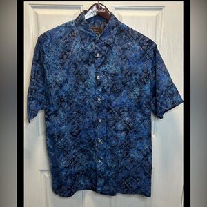 Basic Options Hawaiian Shirt Blue Batik Floral Cotton Short Sleeve Size Large